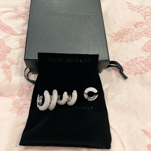 BNIN WeWoreWhat Pave Hoop And Ear Cuffs 5 Pieces Set Silver Crystal Earrings - Picture 3 of 4